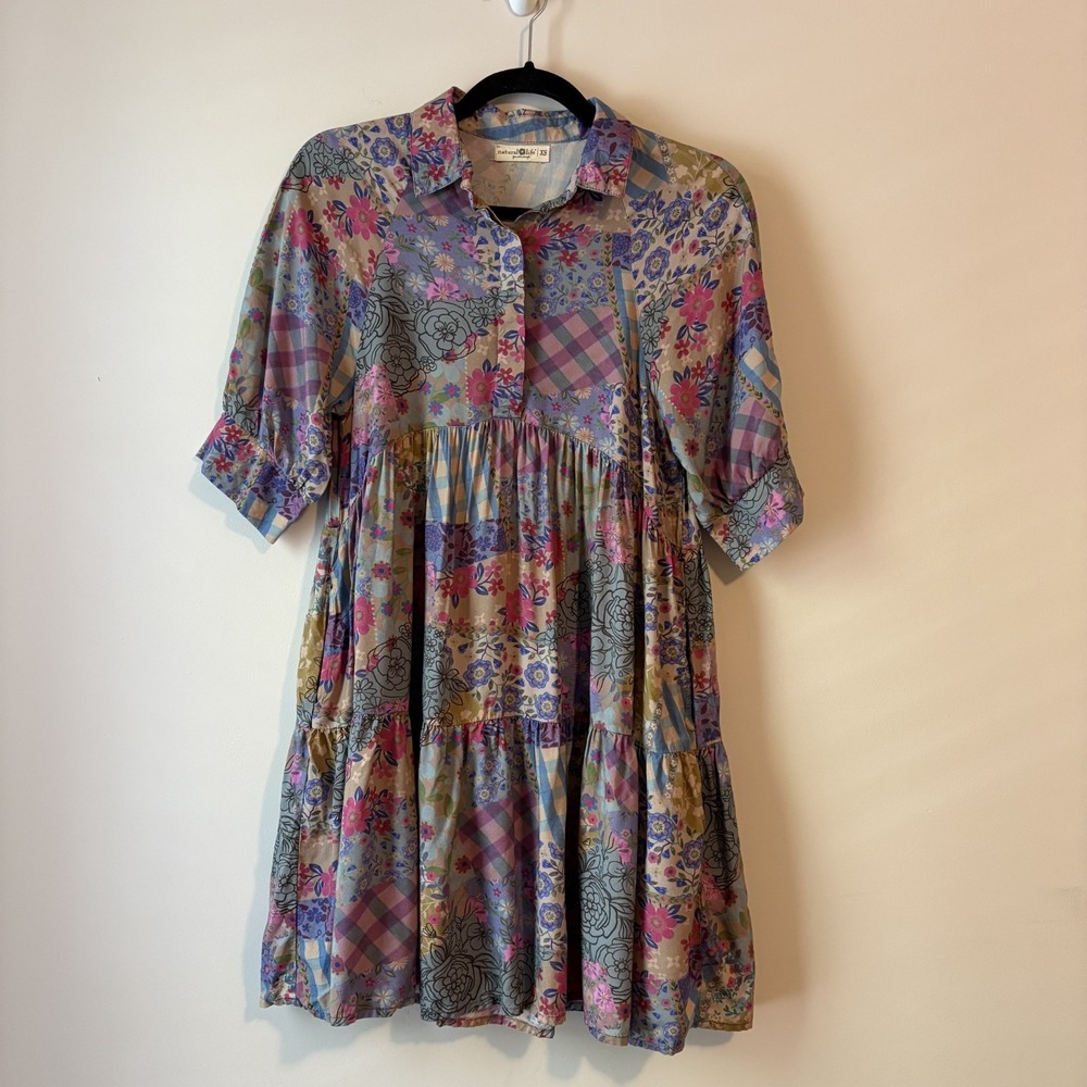Natural Life Becca Patchwork Babydoll Tiered Mini Dress XS Hippie Boho Cottage